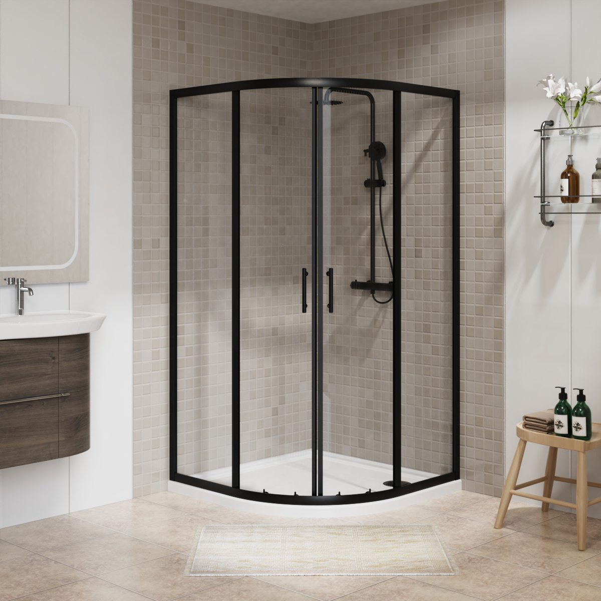 Black Quadrant Shower Enclosure Corner Entry Walk in Cubicle Sliding Door Glass
