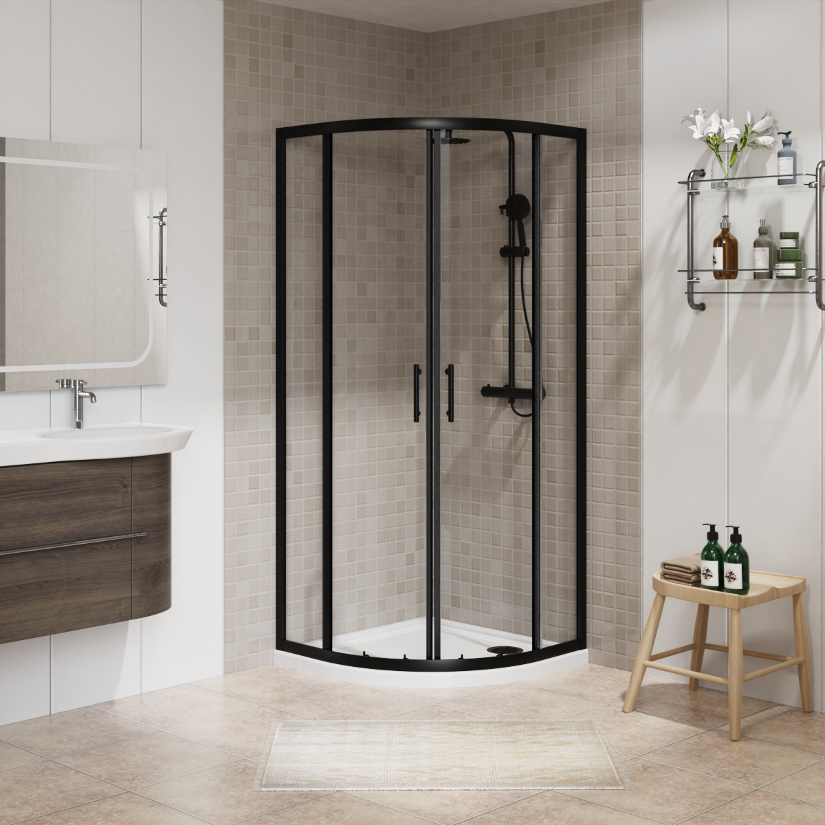 Black Quadrant Shower Enclosure Corner Entry Walk in Cubicle Sliding Door Glass