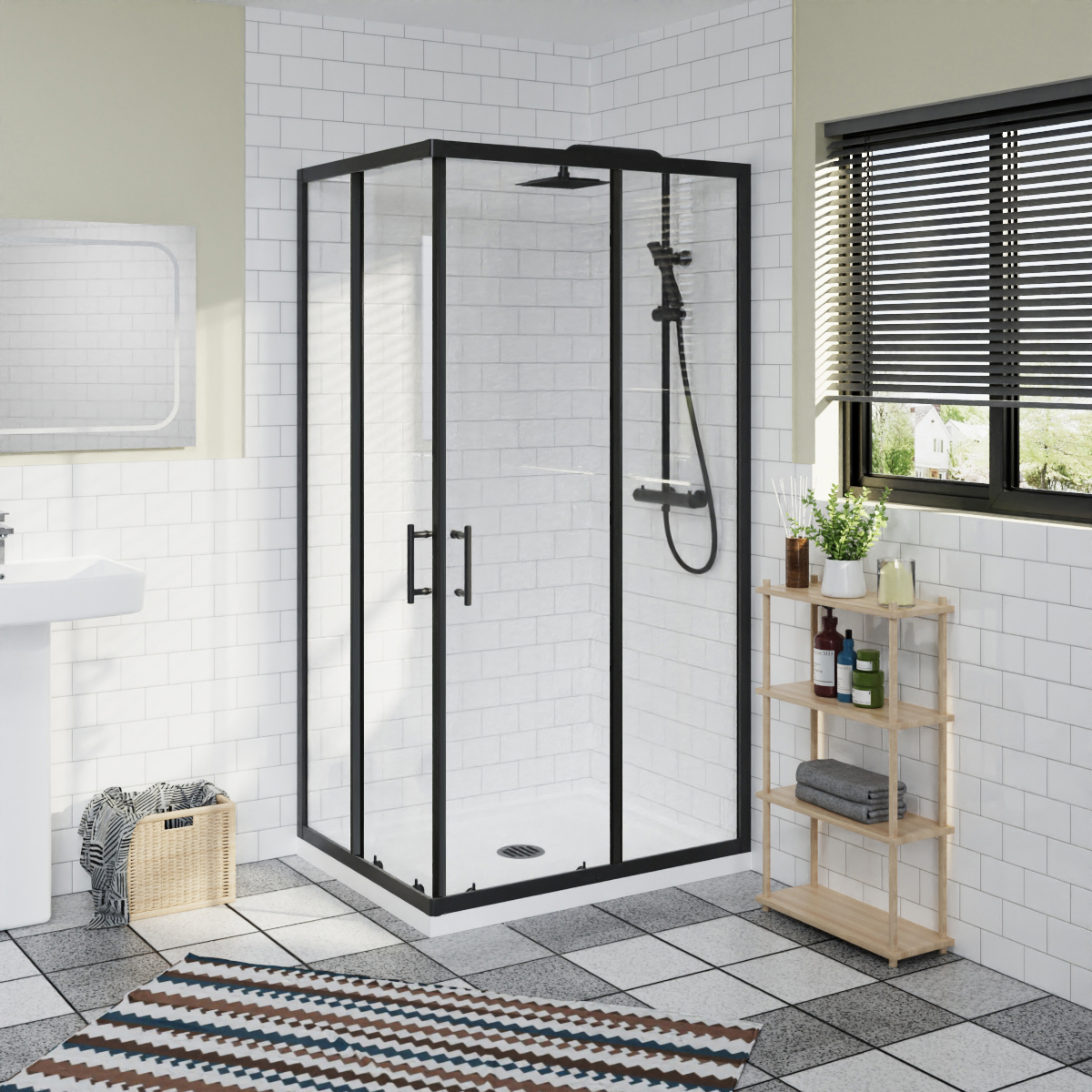 Black Quadrant Shower Enclosure Corner Entry Walk in Cubicle Sliding Door Glass