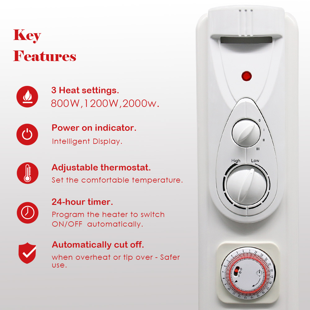 Electric Oil Filled Radiator 2000W 9 Fin Portable Heater with 24H Timer ...
